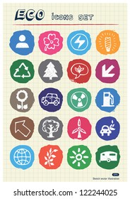 Ecology and nature web icons set drawn by chalk. Hand drawn vector elements pack isolated on paper