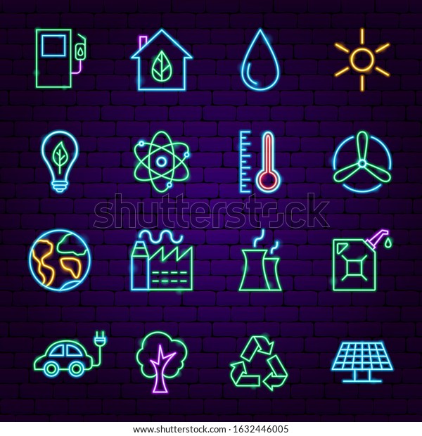 Ecology Neon Icons. Vector Illustration of\
Green Power Promotion.