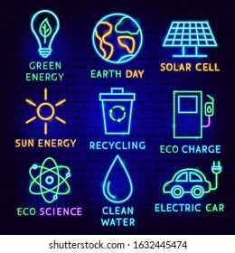 Ecology Neon Label Set. Vector Illustration of Energy Promotion.