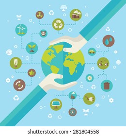Ecology network connection concept with hands holding Earth. Vector illustration. Environmental infographics template with circles and flat icons. Save the planet.