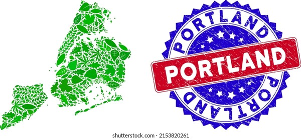 Ecology New York City map collage of herbal leaves in green color tones with grunge bicolor Portland stamp. Red and blue bicolored watermark with grunge texture and Portland text.