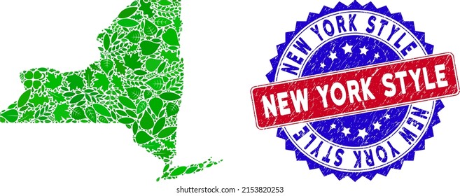 Ecology New York State map composition of herbal leaves in green color shades and grunge bicolor New York Style seal stamp.