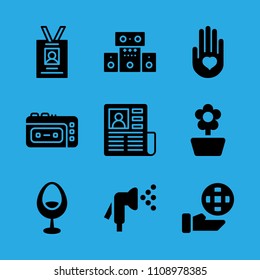 ecology, newspaper, sound system, heart on the palm, recorder, id card, watering, flower and chair vector icon. Simple icons set