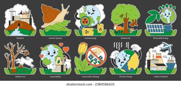 Ecología nocturna o modo oscuro. Influencia humana. Contaminación ambiental, ecotoxicología y especies invasoras. Impacto del cambio climático. Biodiversidad, energía renovable, sostenibilidad. Vector plano