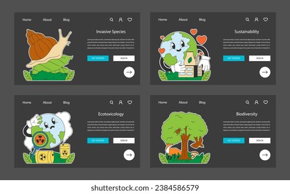 Ecology night or dark mode web banner or landing page set. Human influence. Environment pollution, ecotoxicology and invasive species threats. Climate change impact. Flat vector illustration
