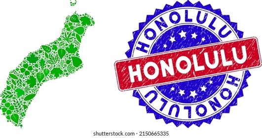 Ecology Niihau Island map collage of floral leaves in green color shades and grunge bicolor Honolulu seal. Red and blue bicolored seal with scratched texture and Honolulu text.