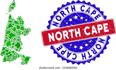 Ecology North Holland map collage of herbal leaves in green color tinges with grunge bicolor North Cape seal. Red and blue bicolored seal with distress texture and North Cape phrase.