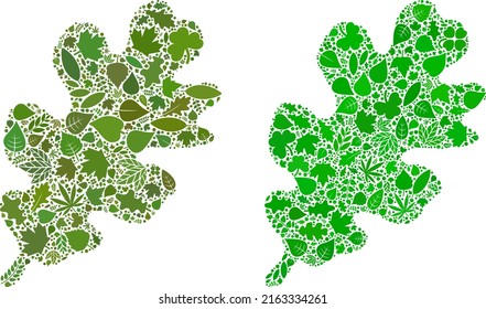 Mosaico de ícono de hoja de roble ecológico de hojas de hierbas en tonos verdes y naturales. Plantilla de vector de entorno ecológico para icono de hoja de roble. La imagen vectorial de la hoja de roble está compuesta por elementos vegetales.