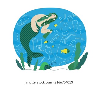 Ecología - Contaminación de plásticos oceánicos - Ilustración moderna de vectores planos de la sirena con peces, plantas marinas y residuos plásticos flotando bajo el agua. Ilustración creativa de la página web de aterrizaje