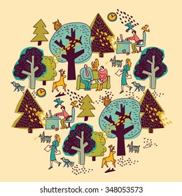 Ecology  office business round composition. Business people work in nature. Color vector illustration. EPS8