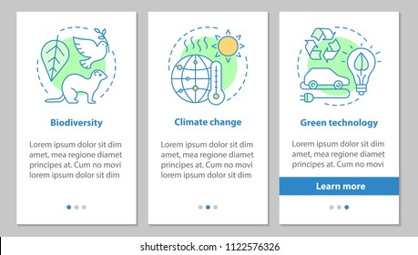 Ecology onboarding mobile app page screen with linear concepts. Climate changing, biodiversity, green technology steps graphic instructions. UX, UI, GUI vector template with illustrations