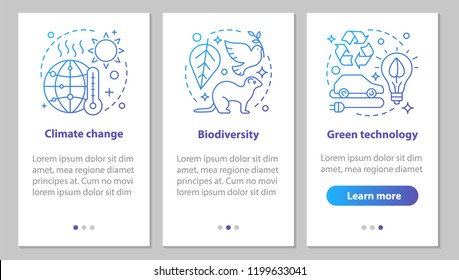 Ecology onboarding mobile app page screen with linear concepts. Climate changing, biodiversity, green technology steps graphic instructions. UX, UI, GUI vector template with illustrations