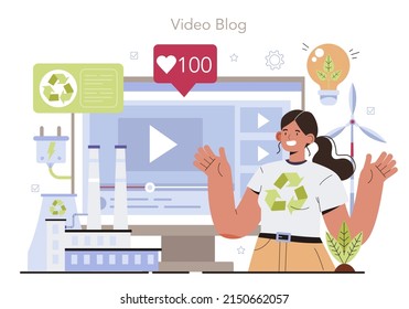 Ecology online service or platform. Alternative energy and green electricity. Houses with solar battery roof and wind farm. Video blog. Flat vector illustration