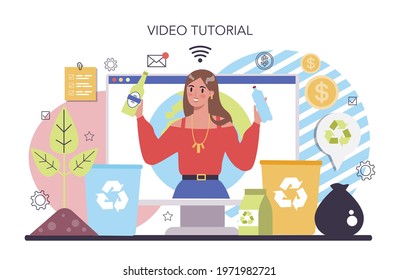 Ecology online service or platform. Idea of environmental protection and global eco-system conservation. and recycle. Video tutorial. Flat vector illustration