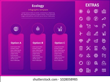 Ecology options infographic template, elements and icons. Infograph includes line icon set with resources of green energy, environmental cycle, water and sun power, oil rig, nuclear power plant etc.
