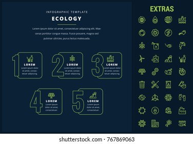 Ecology options infographic template, elements and icons. Infograph includes line icon set with resources of green energy, environmental cycle, water and sun power, oil rig, nuclear power plant etc.