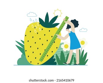 Ecology - Organic farming -Modern flat vector concept illustration of ecology metaphor, woman measuring a giant strawberry. Creative landing web page illustartion