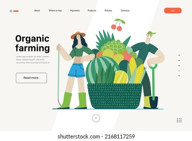 Ecology - Organic farming -Modern flat vector concept illustration of ecology metaphor, a man and a woman with harvest in the basket. Creative landing web page template