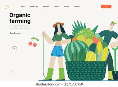 Ecology - Organic farming -Modern flat vector concept illustration of ecology metaphor, a man and a woman with harvest in the basket. Creative landing web page template