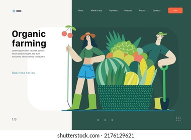 Ecology - Organic farming -Modern flat vector concept illustration of ecology metaphor, a man and a woman with harvest in the basket. Creative landing web page template