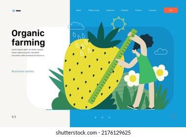 Ecology - Organic farming -Modern flat vector concept illustration of ecology metaphor, woman measuring a giant strawberry. Creative landing web page template