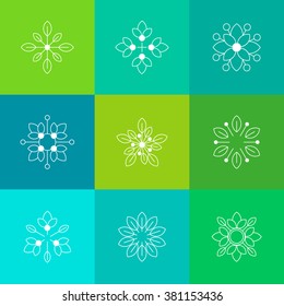 Ecology and Organic Symbols in Outline Style. White line art on colorful background vector concept