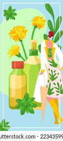 Ecology organic woman character cosmetic, bottle eco healthcare cosmetology banner flat vector illustration, isolated of white.