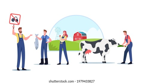 Ecology Oriented Farming, Cattle Growing, Eco Farming and Sustainable Organic Agriculture. Farmers Characters for Animal Husbandry Free from Antibiotics or Hormones. Cartoon People Vector Illustration