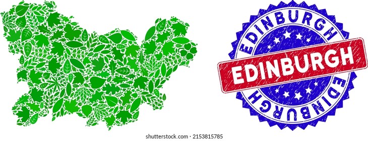 Ecology Ourense Province map composition of floral leaves in green color tones and grunge bicolor Edinburgh seal stamp. Red and blue bicolored stamp with grunge texture and Edinburgh caption.