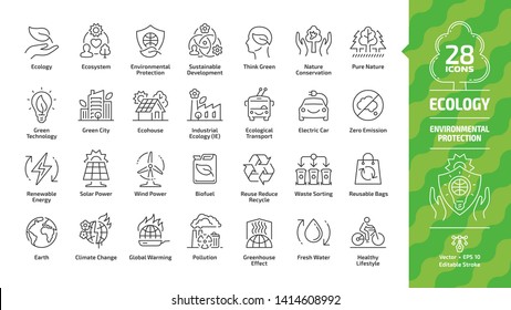 Ecology Outline Icon Set With Eco City, Green Technology, Renewable Energy, Environmental Protection, Sustainable Development, Nature Conservation, Electric Car & Earth Editable Stroke Line Symbols.