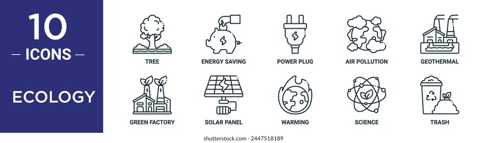 ecology outline icon set includes thin line tree, energy saving, power plug, air pollution, geothermal, green factory, solar panel icons for report, presentation, diagram, web design