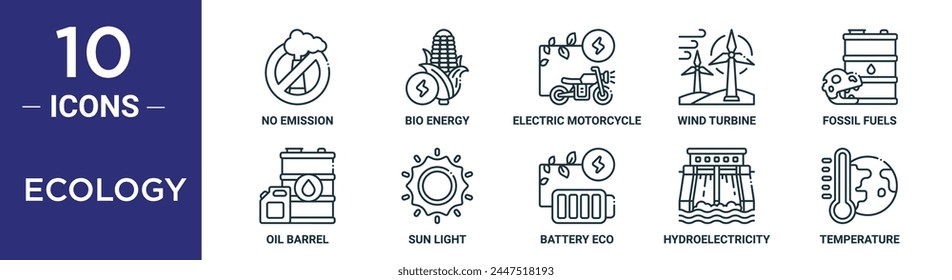 el conjunto de iconos de contorno de ecología incluye línea delgada sin emisiones, bioenergía, motocicleta eléctrica, turbina eólica, combustibles fósiles, barril de petróleo, iconos de luz solar para informe, presentación, diagrama, Diseño web