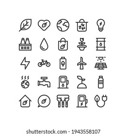 Ecology Outline Icon Set, Leaf, Factory, Pollution, Energy, Save Energy, Earth, Isolated Vector Icon