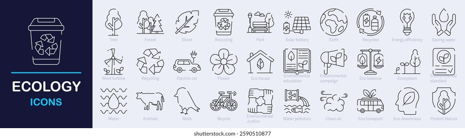 Ecology Outline Vector Icon Collection. A set of outline icons related to Nature, Environment, Recycle, Eco, green energy, eco-friendly and more. Editable stroke. Vector illustration
