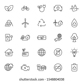 Ecology outline vector icons isolated on white background. Ecology outline flat icons for web and ui design. Go green eco friendly environment concept.