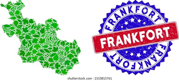 Ecology Overijssel Province map collage of floral leaves in green color tints and grunge bicolor Frankfort seal stamp. Red and blue bicolored seal with grunge texture and Frankfort phrase.
