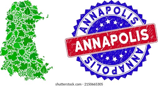 Ecology Palencia Province map collage of floral leaves in green color tinges with grunge bicolor Annapolis stamp. Red and blue bicolored watermark with distress style and Annapolis tag.