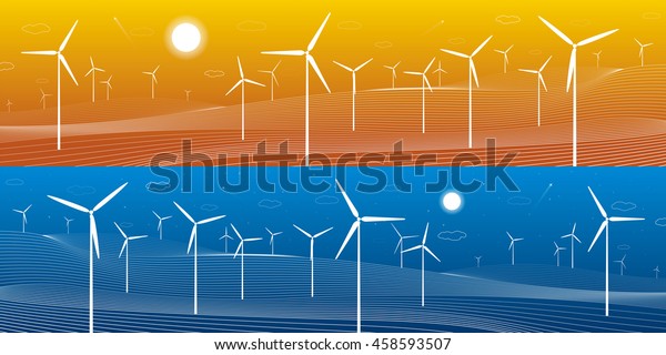 Ecology\
panorama, mountains landscape, windmills, wind force, energy\
illustration, day and night, vector design\
art