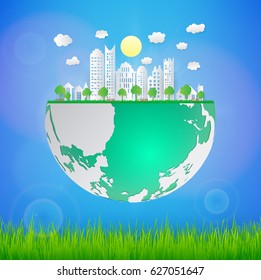 Ecology paper art concept eco friendly and save the earth with grass. vector illustration.