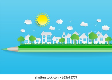 Ecology paper art concept on pencil eco friendly and save the earth with grass. vector illustration.