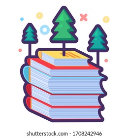 Ecology Paper Recycling, Save Planet by Garbage Sorting Flat Vector Illustration. Pile of Books with Growing Trees on Top. Eco Protection and Green Nature Concept