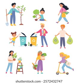 Ecology with People Character Save Planet Vector Set