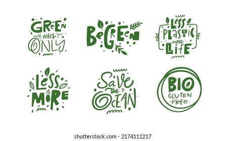 Ecology phrase set. Hand drawn modern typography or calligraphy lettering. Doodle style. Green color.