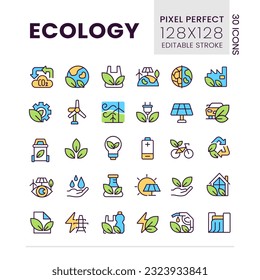 Ecology pixel perfect RGB color icons set. Nature protection. Sustainable energy sources. Isolated vector illustrations. Simple filled line drawings collection. Editable stroke. Poppins font used