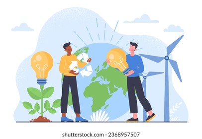 Ecology of planet concept. Man with idea and reusye symbol. Sustainable and zero waste lifestyle. Care about planet and ecosystem. Wind mills near globe. Cartoon flat vector illustration