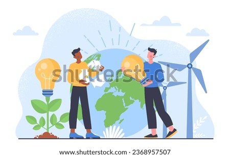 Ecology of planet concept. Man with idea and reusye symbol. Sustainable and zero waste lifestyle. Care about planet and ecosystem. Wind mills near globe. Cartoon flat vector illustration
