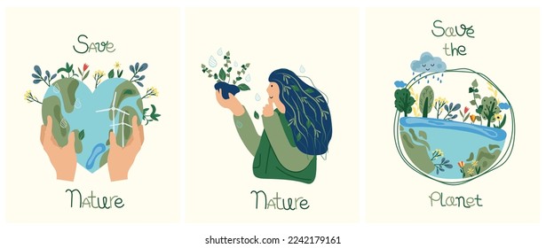 Ecology of the planet. The concept of saving the planet, environmental ecology, lifestyle. Green planet suitable for social posters, maps, logos, banner. Vector illustration.