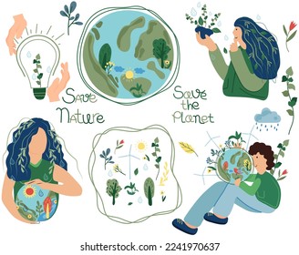 Ecología del planeta. Elementos ecológicos del medio ambiente, el planeta en manos del hombre, la energía verde. Concepto de conservación de la tierra, adecuado para afiches sociales, mapas, logos, banner. Ilustración del vector