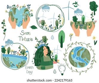 Ecology of the planet. Eco elements of the environment, the planet in the hands of man, green energy. Earth conservation concept, suitable for social posters, maps, logos, banner. Vector illustration