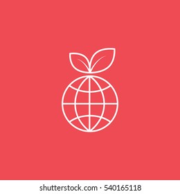 Ecology Planet With Leaf Line Icon On Red Background